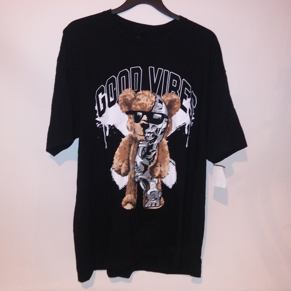 Twisted Label Mens T Shirt 4X Black Crew Neck Good Vibes Bear Graphic Tee New
